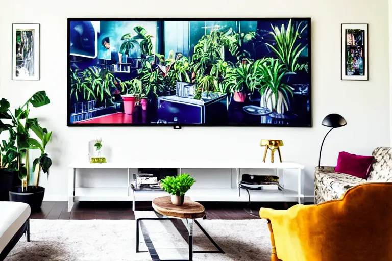 Prompt: very wide angle view, a modern home movie theater with big screen, stylish wall sconces, old popcorn machine!, movie posters on the wall!, plants very happy and cozy, interior designed by kelly wearstler, rough watercolor painting