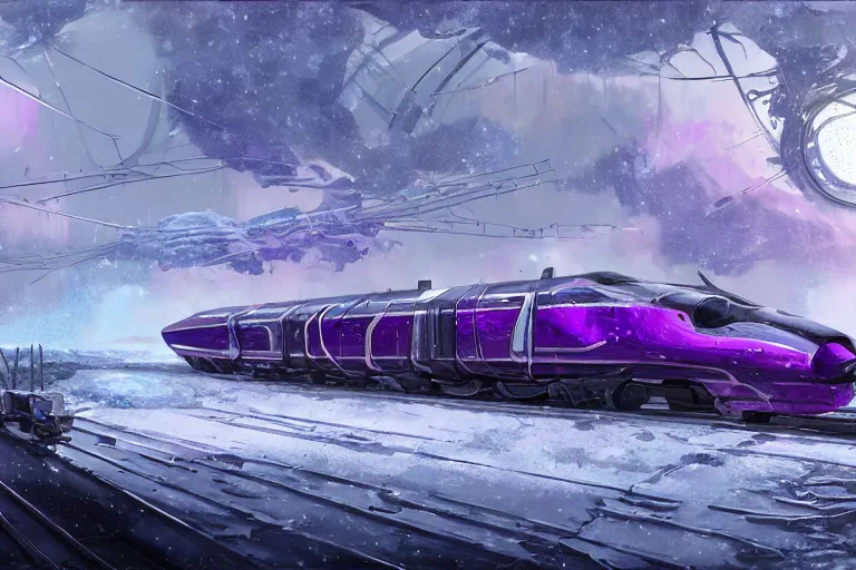 Image similar to willy wonka's grand intricate futuristic purple colorful bullet train, post - apocalyptic ice landscape in snowstorm, concept art, artstation, highly detailed, digital art