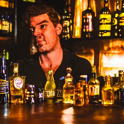 Image similar to batman drunken in a pub surrounded by alcohol bottles, photography, golden hour