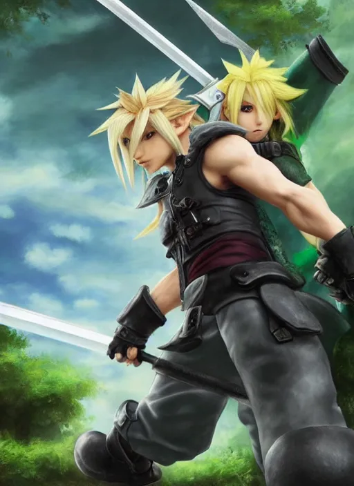 Prompt: cloud from final fantasy 7 and link from zelda fighting in the forest, fantasy, medieval, vivid colors, fantasy, elegant, concept art, sharp focus, beautiful face!!, digital art, hyper - realistic, 4 k, unreal engine, highly detailed, hd, dramatic lighting by brom, trending on artstation