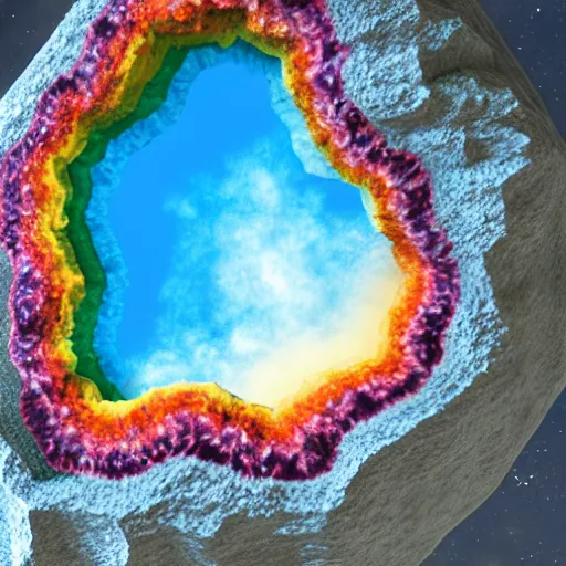 Prompt: rainbow geode found in an alien rock formation on a distant planet, rtx, raytraced, refracted light on table