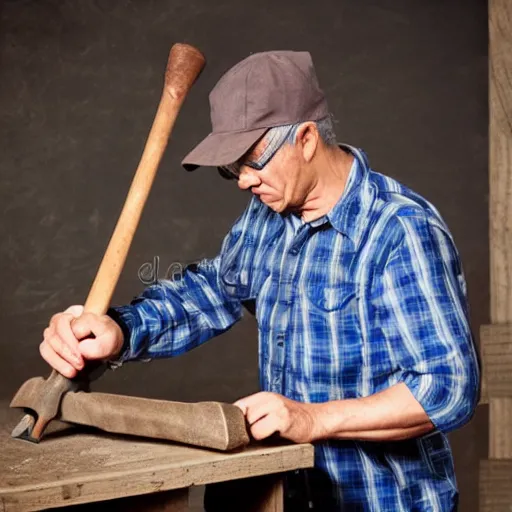 Image similar to a man is working with an old hammer, a stock photo by pogus caesar, trending on shutterstock, precisionism, stockphoto, stock photo, angular