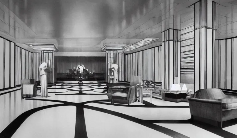 Image similar to a beautiful, sharp focus, clean lines. the interior of a 1 9 4 0 s art deco luxury hotel lobby. vaporwave ombre rendering. outrun style. trending on artstation. recommended for you behance. wes anderson colors. by chris moore. by edward hopper. ambient occlusion. digital matte painting. metropolis filmic. gotham city.