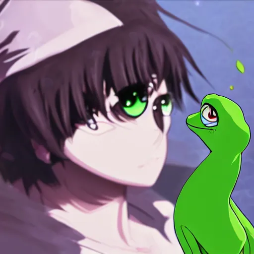 Image similar to high quality portrait of pepe meme. art by makoto shinkai, crunchyroll, pixiv, danbooru, hd, headshot, cinematic still, detailed anime face, bokeh, digital art, cel shading, vivid colors, ambient lighting