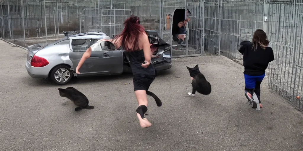 Image similar to threw the girl and the cat out of the car near the prison cage