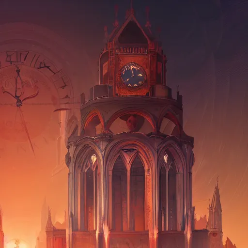 Image similar to ilustration, a cathedral under the red moon with a huge clock in the middle of the church, characterized by roman shipunov, etienne hebinger, atey ghailan, cgsociety, cynical realism, fantasy art, 2 d game art