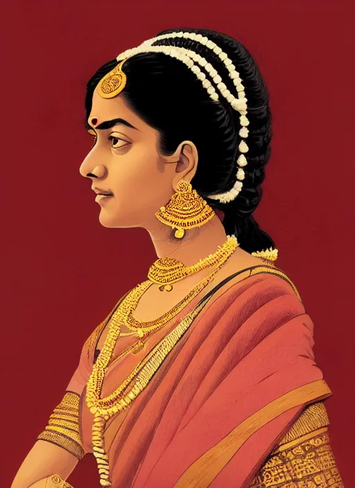 Image similar to 3 / 4 view of a portrait of an indian woman in victorian clothing, confident pose, intricate, elegant, sharp focus, illustration, highly detailed, concept art, matte, trending on artstation, anime, art by james jean and artgerm and brian despain and alberto mielgo, greg rutkowski, wlop, ilya kuvshinov, strong strokes