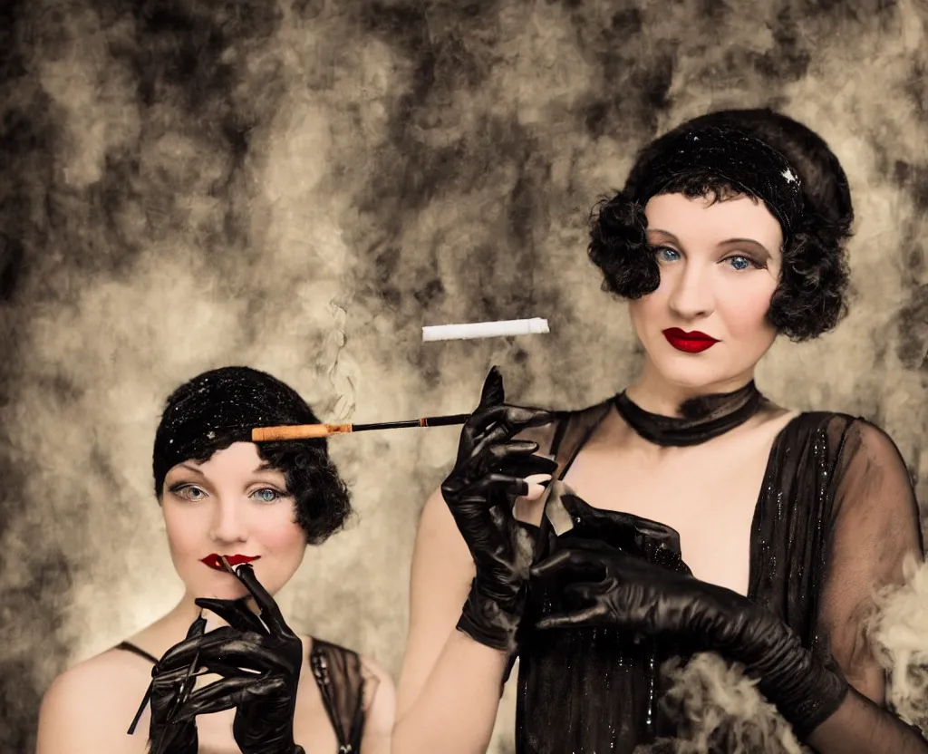 Image similar to realistic painting of a 1 9 2 0 s short - haired flapper woman in black satin gloves holding a long cigarette holder, at a jazz party in a dimly lit speakeasy in the background, jazz age, precise, 5 0 mm lens photography, closeup shot, cohesive, cinematic, low - lighting