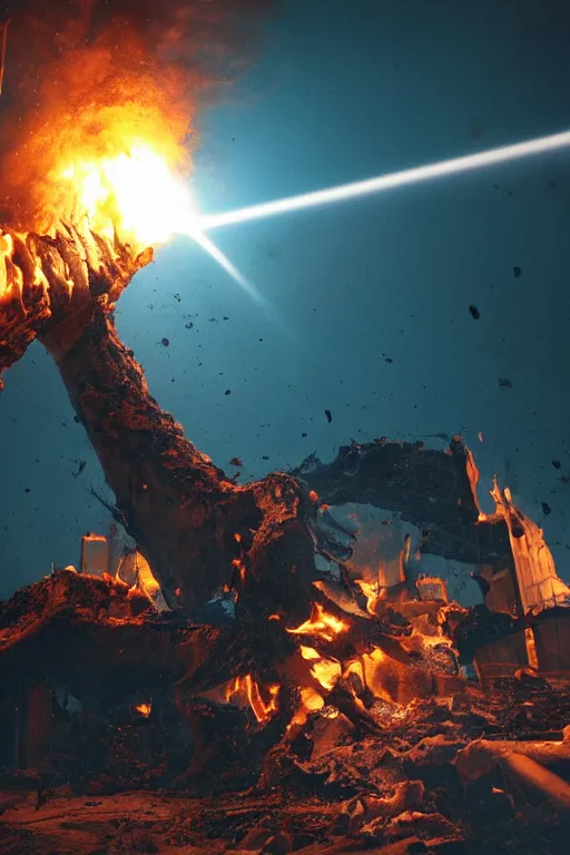 Image similar to techological leviathan attacking the burned out husk on home depot, cinematic lighting, global illumination radiating a glowing aura