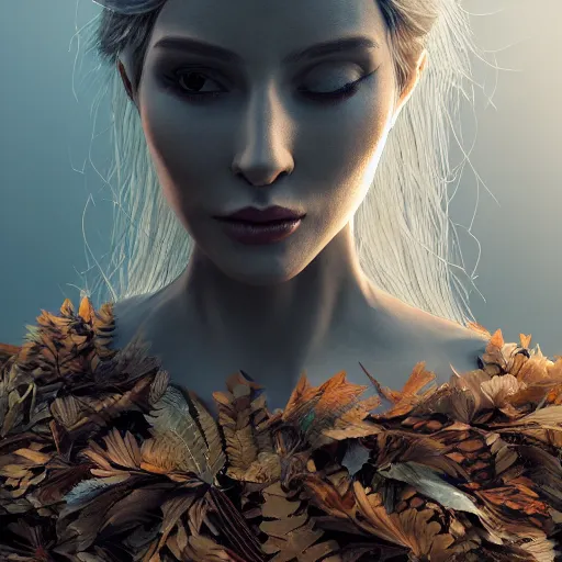 Prompt: a highly detailed digital image of a futuristic woman elegantly wrapped with leaves, artstation, extremely detailed woman, stunning volumetric lighting, hyper realism, fantasy 4k,