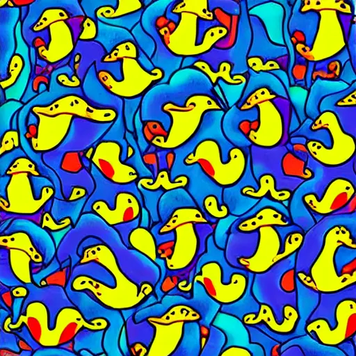 Prompt: psychedelic trippy dreamy featuring too many ducks, artwork in the style of Paprika
