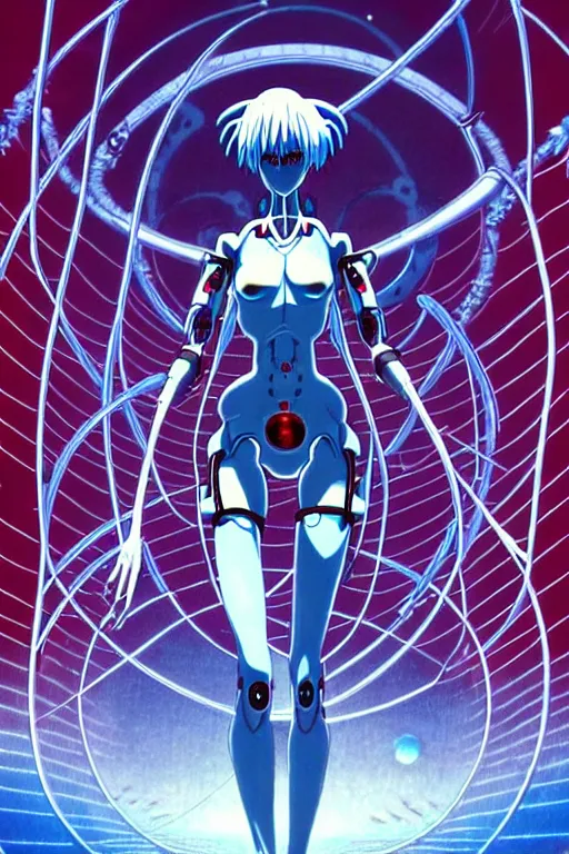 Image similar to female anime character rei ayanami cyborg in the center giygas epcotinside a space station eye of providence beksinski finnian vivid hr giger to eye hellscape mind character environmental