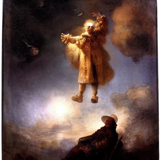Prompt: atmospheric beasts floating through the atmosphere, ethereal, hyperrealistic, shimmering, man on the ground gazing upward, rembrandt, 8 k
