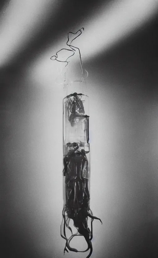 Prompt: a weird alien creature is suspended in a tank of dense liquid, tubes connecting to its body, mysterious lighting, 35mm film photography