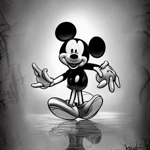 Image similar to mickey mouse shying away, idly and [ visibly afraid ]!!!, [ horror game ], [ digital art ]!!, dark fantasy art style, 4 k quality