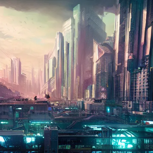 Image similar to a utopian cyberpunk city, filled with fauna, with building floating around everywhere, building cover with plant, dynamic lighting, fantasy concept art, trending on art station, stunning visuals, creative, cinematic, intricately detailed, unreal engine, 4 k