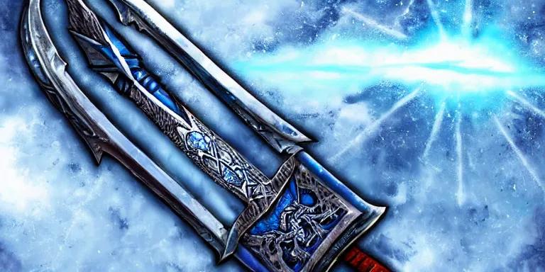 Image similar to glacier warrior sword blade, blue snow theme sword blade, fantasy sword of warrior, armored sword blade, glacier coloring, epic fantasy style art, fantasy epic digital art, epic fantasy weapon art