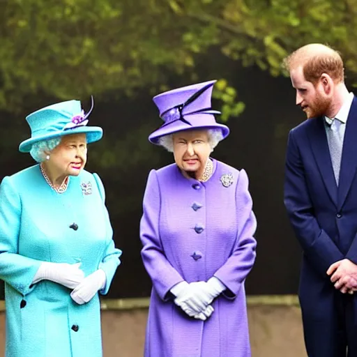 Image similar to queen elizabeth the second meeting an alien with three eyes at windsor castle, photos released by the sun uk