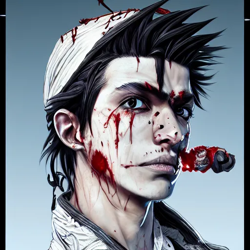 Prompt: the portrait of a handsome man with black war paint drinking blood, hyperrealistic anime illustration by kim jung gi, iralki nadar, extremely detailed intricate linework, reflective eyes, smooth, super sharp focus, bright colors, high contrast, matte, octopath traveler, unreal engine 5 highly rendered, global illumination, radiant light