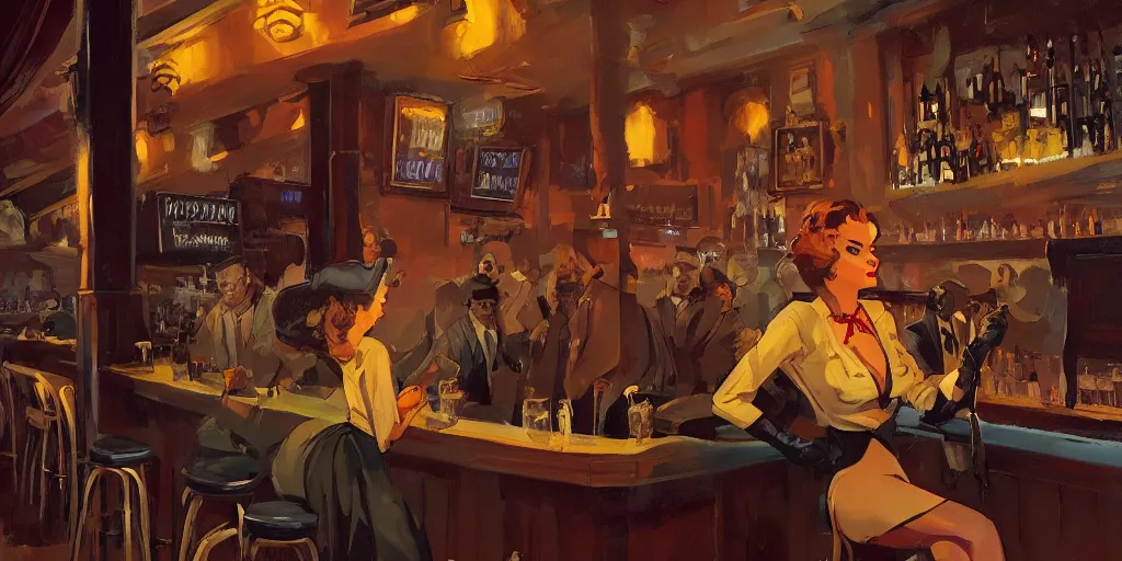 Prompt: a powerful woman is at the bar of a 4 0 s jazz club, warm color palette, night time, dramatic lighting, noir film, character sheet, fine details, high contrast, blacksad, kim jung gi, greg rutkowski, trending on artstation, 8 k, front view, back view, ultra wide angle