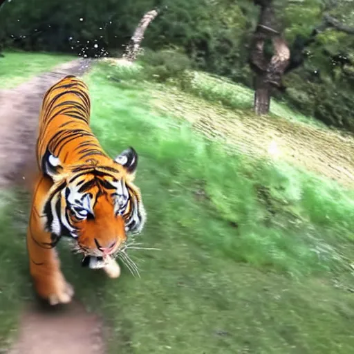 Prompt: screenshot of go pro footage emma watson running from tiger