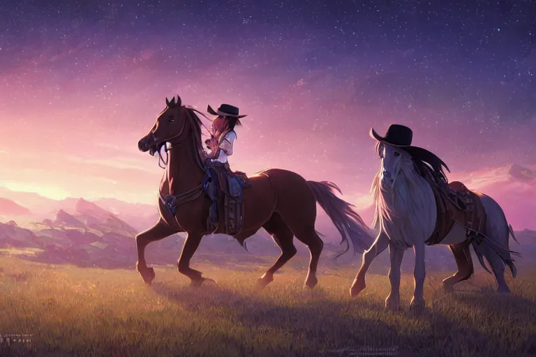 Prompt: western cowgirl, single subject, scenic full shot, ambient starry night lighting, detailed face, by makoto shinkai, stanley artgerm lau, wlop, rossdraws