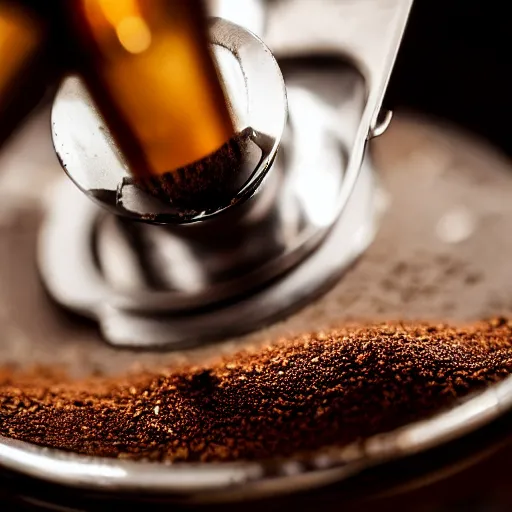 Image similar to a very beautiful macro photograph of espresso being poured from a portafilter. professional, high quality, high resolution, dynamic shot