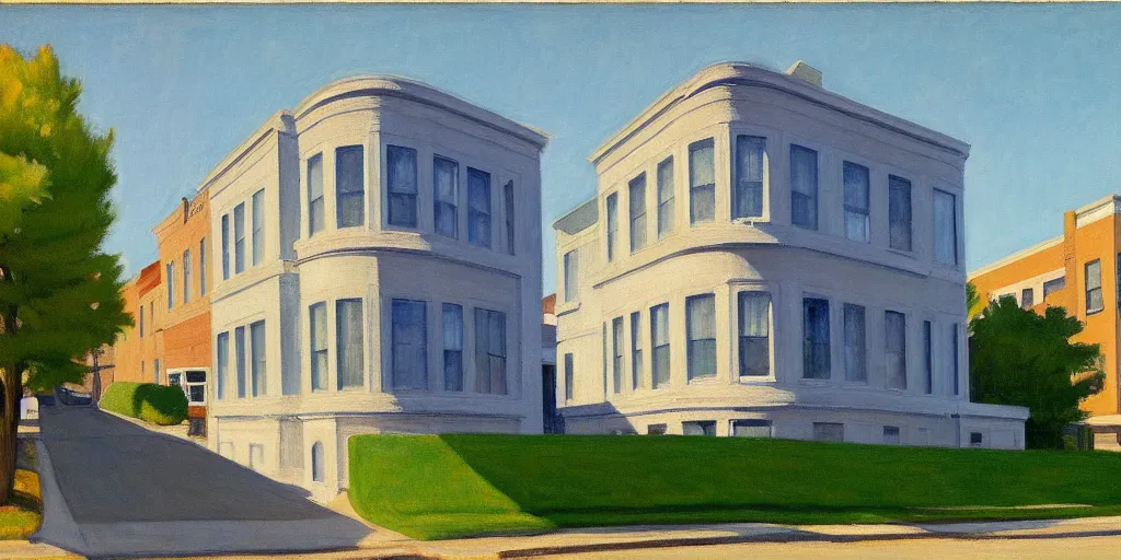 Prompt: google street view of ( 1 0 0 dempster street evanston illinois ), painted by edward hopper