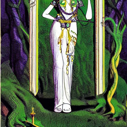 Image similar to The Goddess Asherah standing outside the gates to the emerald city on planet Oz surounded by Elves