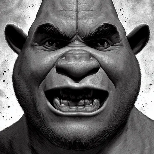 Image similar to noisy black and white shrek creepy face, highly detailed, digital painting, artstation, concept art, smooth, sharp focus, illustration, art by artgerm and greg rutkowski and alphonse mucha