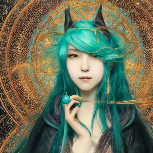 Prompt: a beautiful portrait of hatsune miku as a witch, fantasy, intricate, elegant, highly detailed, digital painting, artstation, concept art, matte, sharp focus, illustration, art by greg rutkowski and alphonse mucha