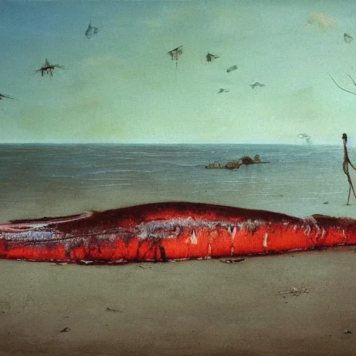 Image similar to decaying salmon on the beach after spawning, eaten by insects, by beksinski, dark vibes, 4 k, ultra realistic, highly detailed.