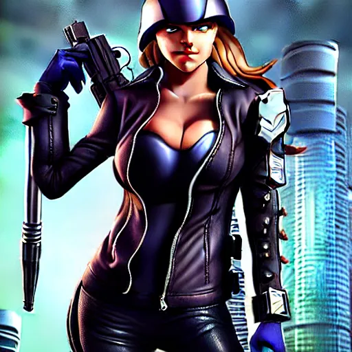 Image similar to full body photo of kate upton as a cyberpunk thief warrior