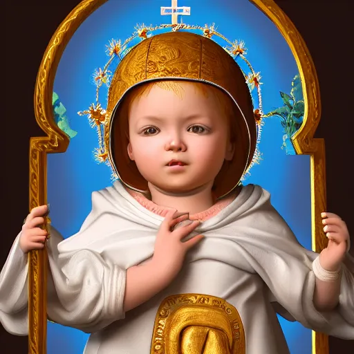 Prompt: baroque portrait of a holy catholic baby, trending on art station, 4k UHD, 8k, painting illustration, realistic volumetric lighting, rendered in unreal engine, high detail, photorealistic