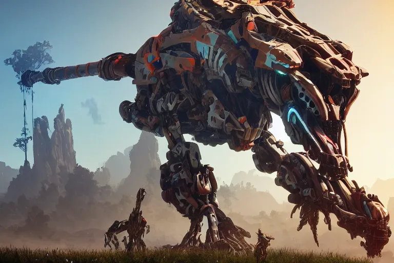 Prompt: tallneck machine mecha animal beast robot of horizon forbidden west horizon zero dawn bioluminiscence global illumination ray tracing hdr fanart arstation by sung choi and eric pfeiffer and gabriel garza and casper konefal