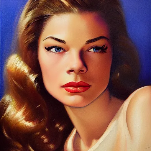 Image similar to young beautiful lauren bacall color studio publicity photo , tight face shot portrait, highly detailed, digital painting, artstation, concept art, sharp focus, illustration, art , by norman rockwell