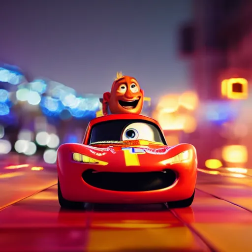Image similar to vin diesel riding on top on a roof of lightning mcqueen, cinematic, bokeh, blur, action