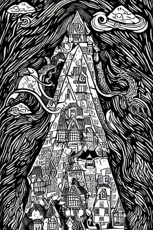 Image similar to mcbess illustration of a magical, mystical wizards house full of potions, rainbow gouache
