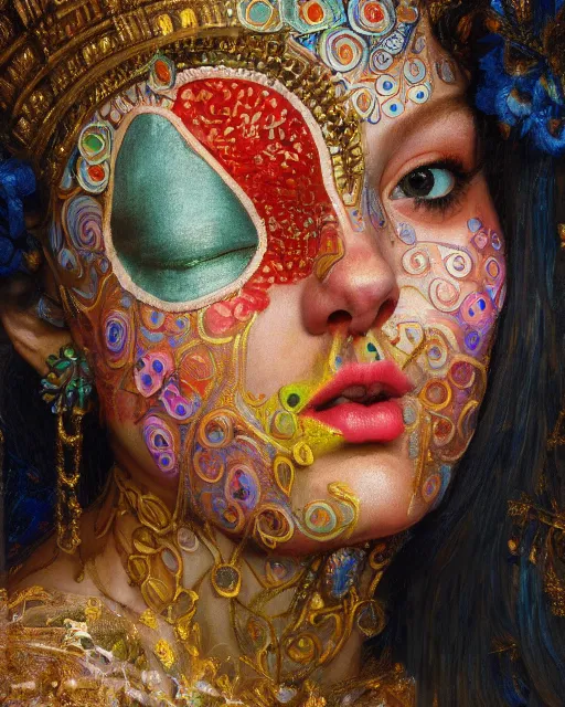 Image similar to a beautiful girl at carnival wearing colourful face paint surrounded by colourful intricate patterns, by edgar maxence and caravaggio and michael whelan, intricate painting, hyper realistic, extremely detailed and beautiful aesthetic face, 8 k resolution