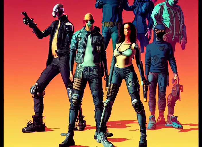 Image similar to cyberpunk hitmen. portrait by stonehouse and mœbius and will eisner and gil elvgren and pixar. character design. realistic proportions. cyberpunk 2 0 7 7 character art, blade runner 2 0 4 9 concept art. cel shading. attractive face. thick lines. the team. diverse characters. artstationhq.