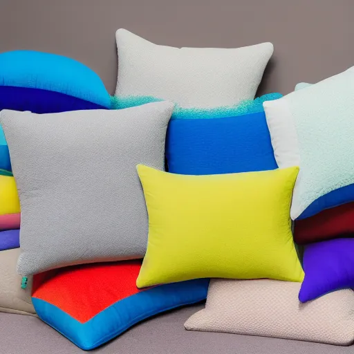 Image similar to Photograph of comfortable memory foam pillows designed by children, fun design, bright print, 8K HD, product shot