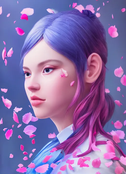 Image similar to wendys restaurant girl covered in translucent blue and pink leaf and petals in the style of stefan kostic, cute - fine - face, dasha taran, backlit, refracted lighting, elegant, half body shot, 8 k, insanely detailed, intricate, art by stanley lau, artgerm, wlop, kuvshinov ilya,