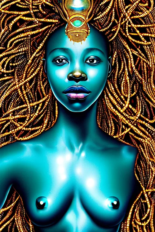 Image similar to hyperrealistic full body very expressive! translucent african goddess, cinematic underwater scene, gold jewerly, highly detailed face, digital art masterpiece, smooth eric zener cam de leon, dramatic pearlescent turquoise light on one side, low angle uhd 8 k, shallow depth of field