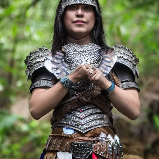 Prompt: photo of a female warrior wearing metal bejewelled owl armour