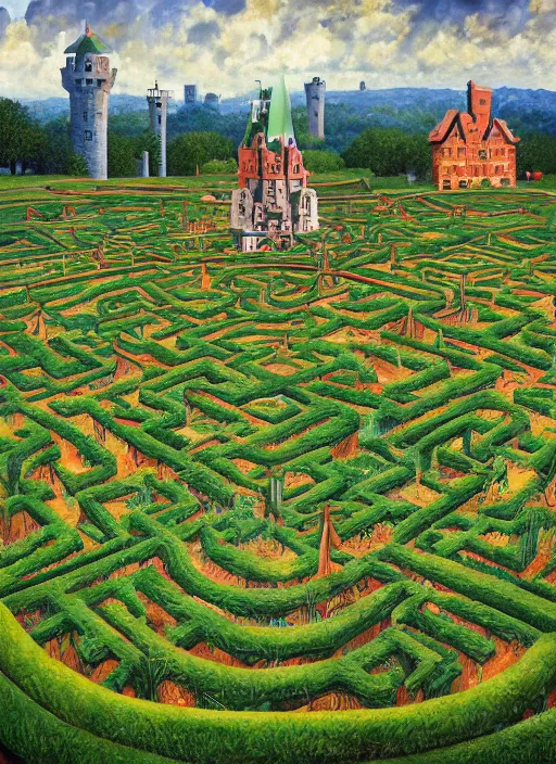 Prompt: the surrealistic view from inside the castle window to the mediumheight green grass maze, edgy labyrinth, four seasons, by jacek yerka, by levitan, oil on canvas, acrylic, digital art, royal academy, masterpiece, trending on artstation, cinematic composition, sharp, details, hyper - detailed, hd