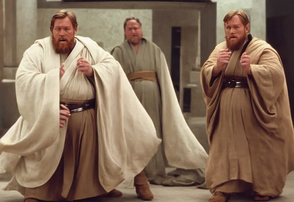 Image similar to obi wan kenobi but obese!! and overweight, photoralistic rendering, movie still, screenshot, hyperdetailed