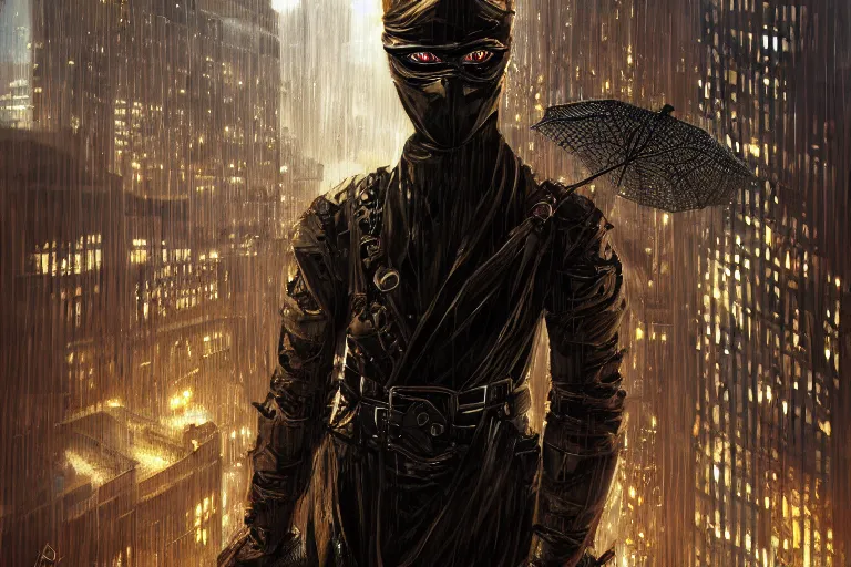 Prompt: stunningly ominous, clockwork ninja in a skyscraper at night in the rain, smooth, focus, highly detailed, hyper realistic, dramatic lighting, intricate, concept art, skyline, looking down, art by wlop, mars ravelo, greg rutowski, artstation