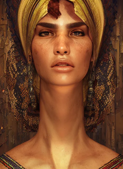 Image similar to the personification of the country egypt, au naturel, hyper detailed, digital art, trending in artstation, cinematic lighting, studio quality, smooth render, fluorescent skin, unreal engine 5 rendered, octane rendered, art style by klimt and nixeu and ian sprigger and wlop and krenz cushart