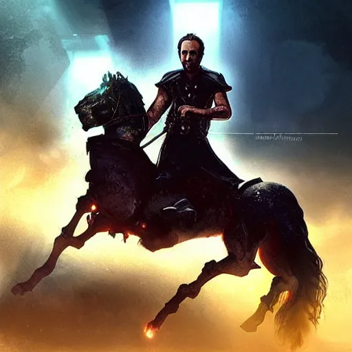 Image similar to “ rim light, fantasy, cinematic concept art, nicolas cage riding a robot horse out of hollywood as its exploding, award winning, dramatic lighting. ”