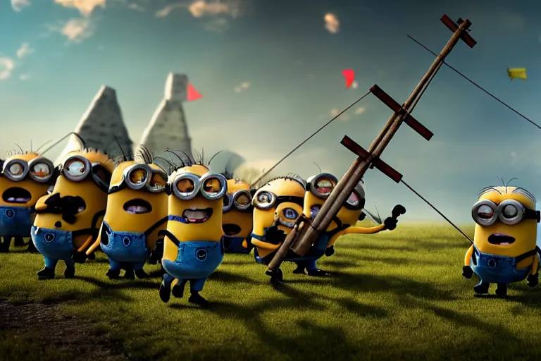 Image similar to diorama of group of minions launching a trebuchet, setting is bliss wallpaper, realistic, 4 k, detailed, atmospheric, cinematic lighting, octane render, unreal engine render, ray tracing lighting